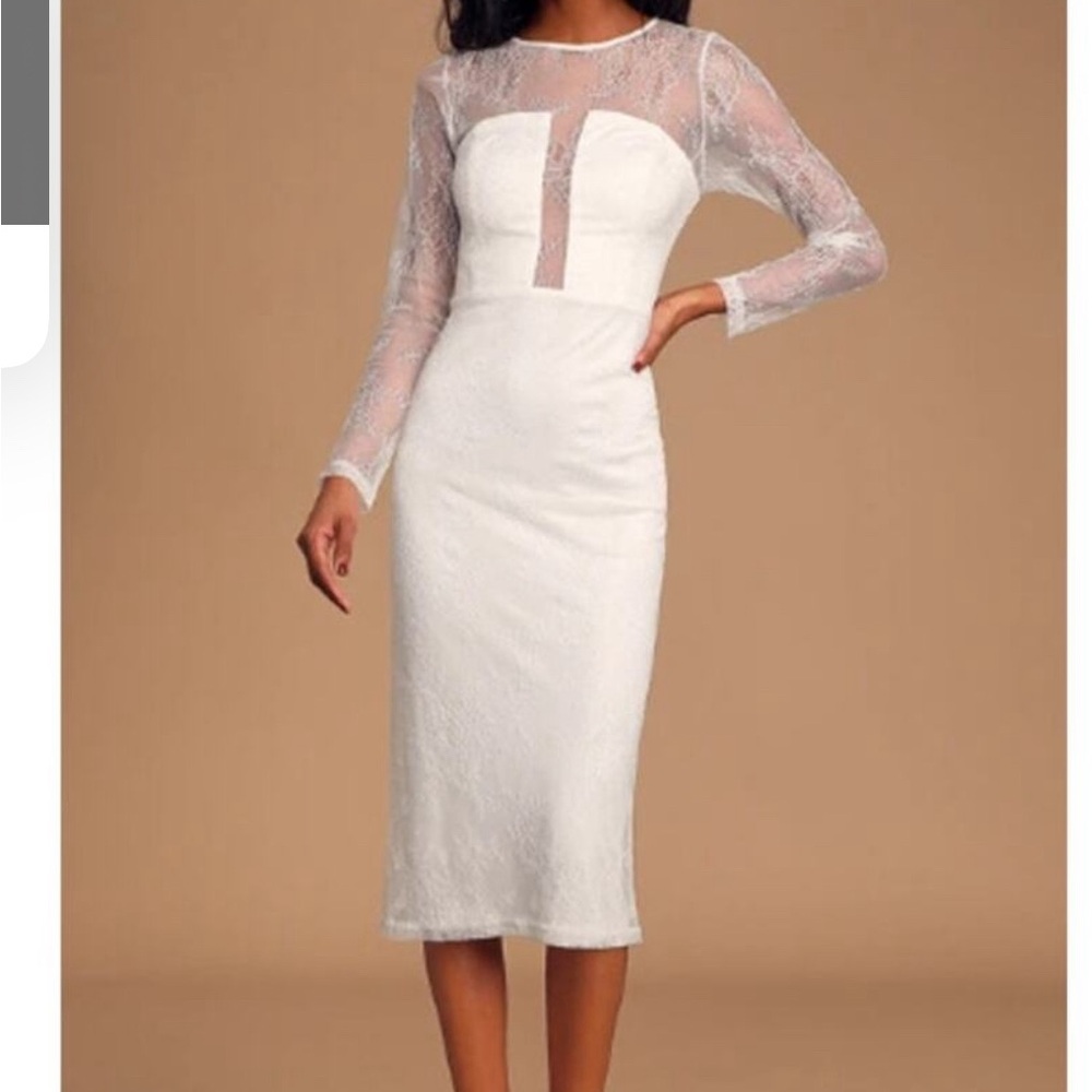 New ~ LULU'S  ~ Powerful Heart White Lace Long Sleeve Bodycon Midi Dress M